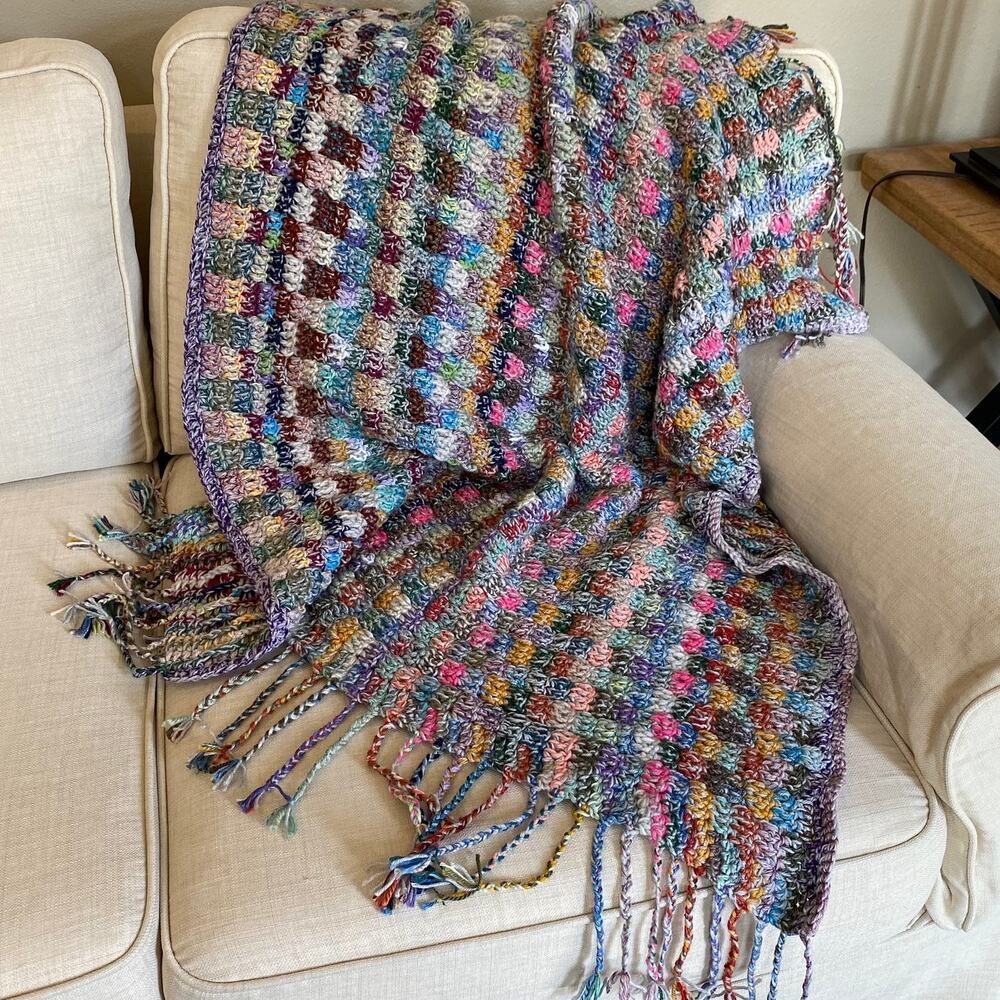 Handmade Multicolor Crochet Scrappy Throw with 7" Braided Fringe, 36 x 50, EUC